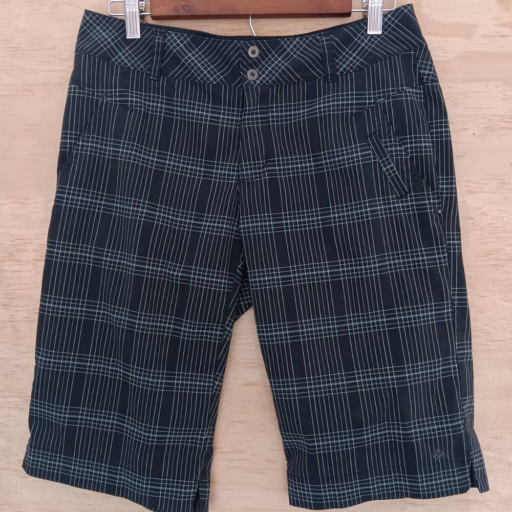 Columbia Womens 8 Shorts Black White Plaid Bermuda Outdoor Hiking Active OmniWic